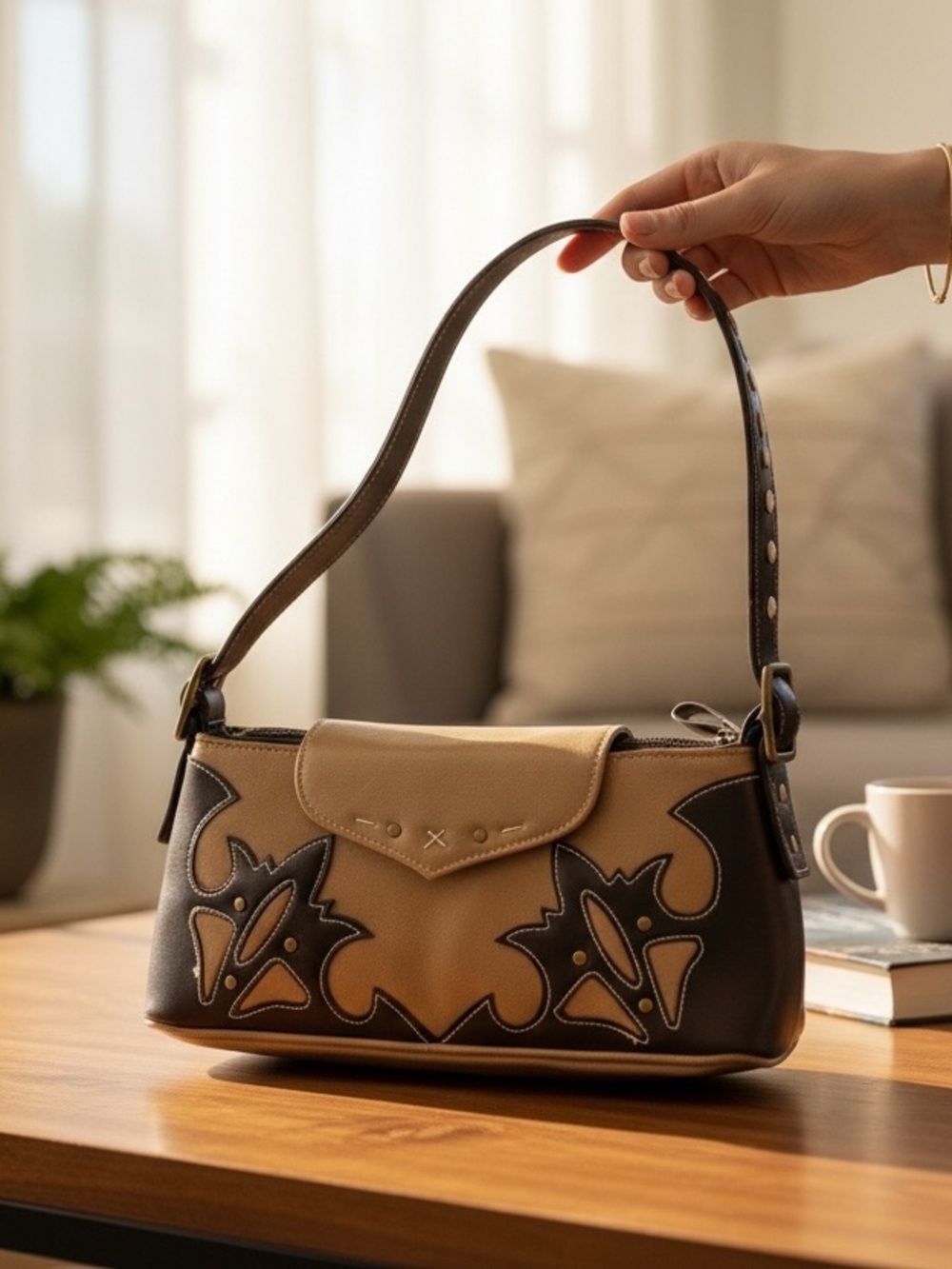 Y2K Western Cowgirl Brown Tan Baguette Shoulder Bag Rodeo Boho